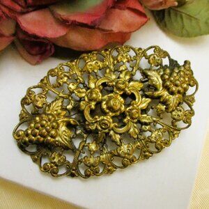 ANTIQUE Floral Leaf Grape Sash Brooch ~ ART NOUVEAU Gold over Brass Sash Brooch